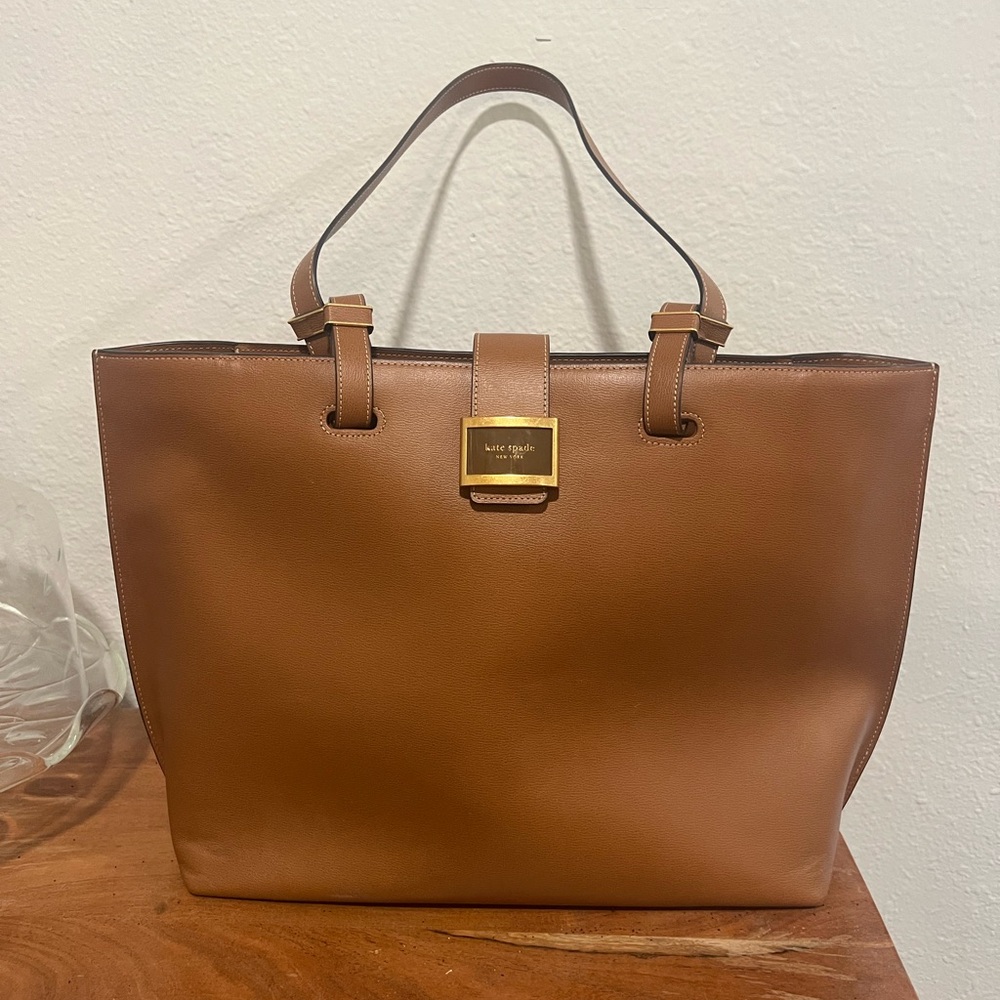 kate spade Brown Leather work Tote with Gold-Tone Plaque